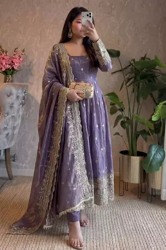 Lavender fendy silk embroidered sequince work anarkali kurta set