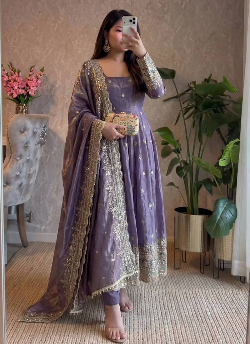 Lavender fendy silk embroidered sequince work anarkali kurta set