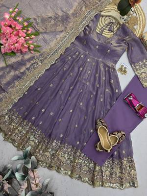 Lavender fendy silk embroidered sequince work anarkali kurta set 2