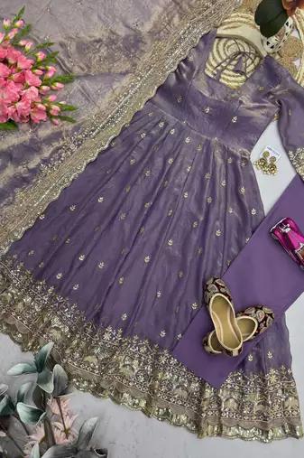 Lavender fendy silk embroidered sequince work anarkali kurta set