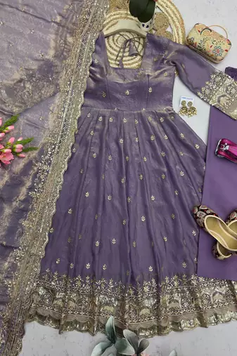 Lavender fendy silk embroidered sequince work anarkali kurta set