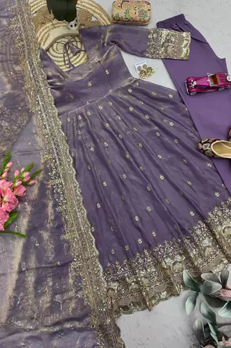 Lavender fendy silk embroidered sequince work anarkali kurta set
