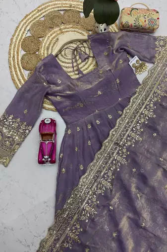 Lavender fendy silk embroidered sequince work anarkali kurta set