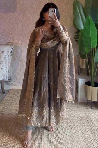Nude fendy silk embroidered sequince work anarkali kurta set