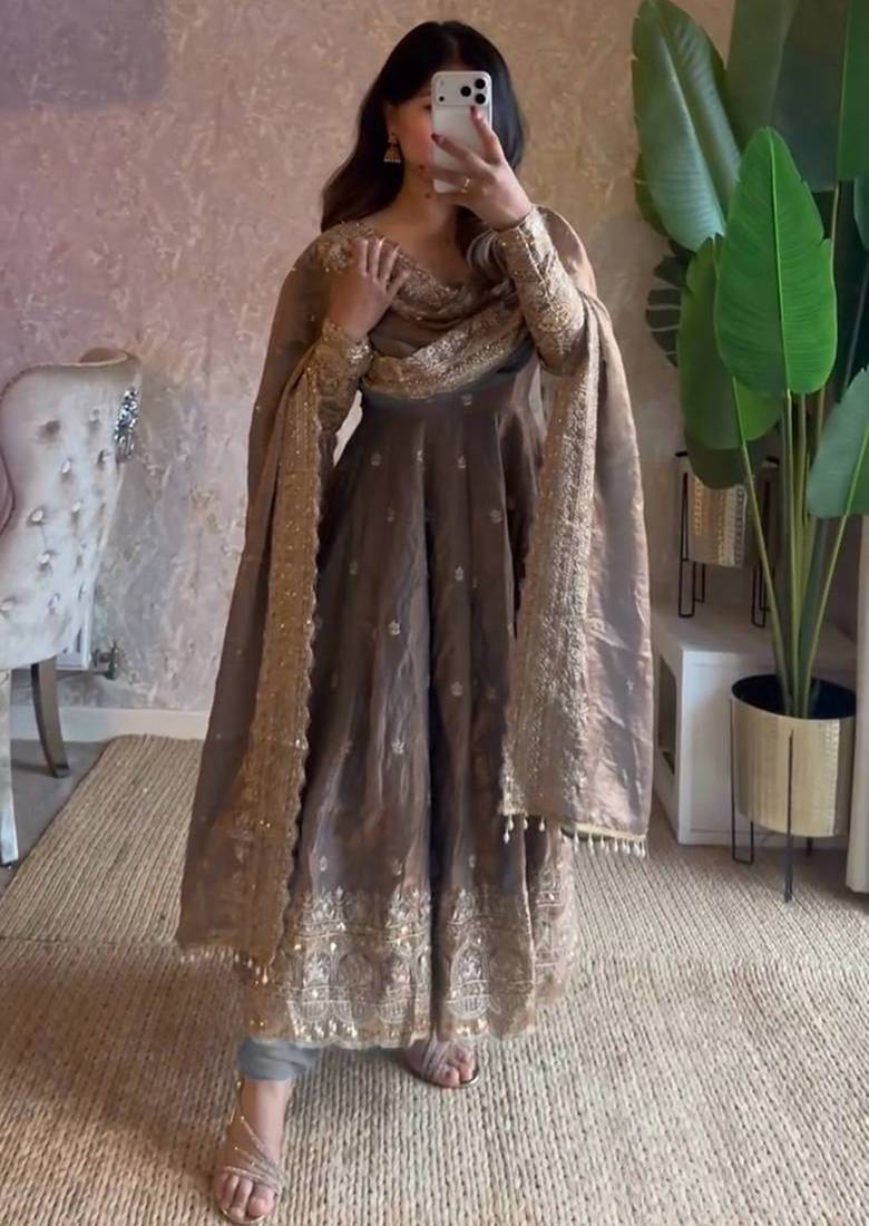 Nude fendy silk embroidered sequince work anarkali kurta set