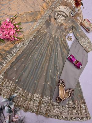 Nude fendy silk embroidered sequince work anarkali kurta set 2