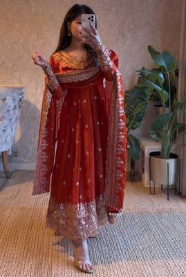 Orange fendy silk embroidered sequince work anarkali kurta set 1