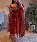 Orange fendy silk embroidered sequince work anarkali kurta set