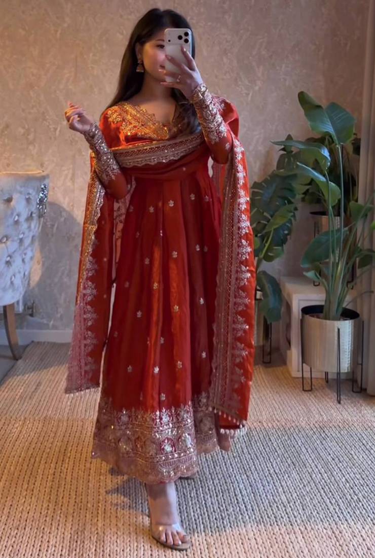 Orange fendy silk embroidered sequince work anarkali kurta set
