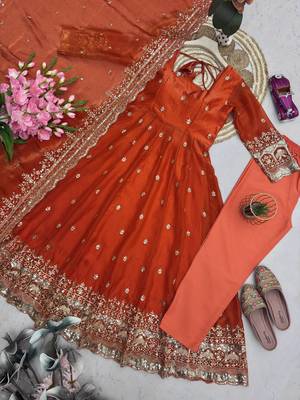 Orange fendy silk embroidered sequince work anarkali kurta set 2
