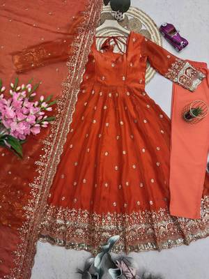 Orange fendy silk embroidered sequince work anarkali kurta set 3
