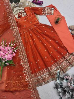 Orange fendy silk embroidered sequince work anarkali kurta set 4