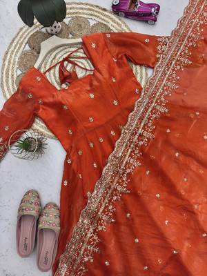 Orange fendy silk embroidered sequince work anarkali kurta set 5