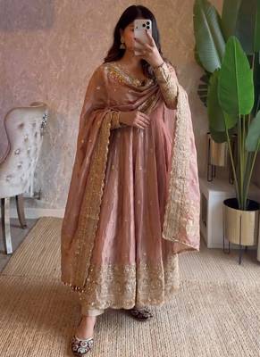 Pastel peach fendy silk embroidered sequince work anarkali kurta set 1