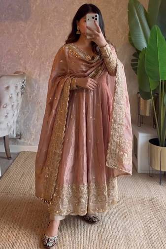 Pastel peach fendy silk embroidered sequince work anarkali kurta set