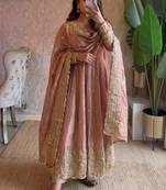 Pastel peach fendy silk embroidered sequince work anarkali kurta set