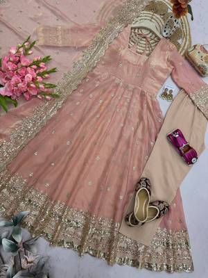 Pastel peach fendy silk embroidered sequince work anarkali kurta set 2