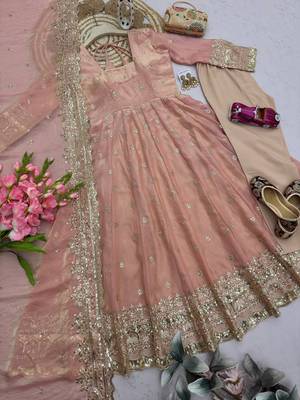 Pastel peach fendy silk embroidered sequince work anarkali kurta set 4