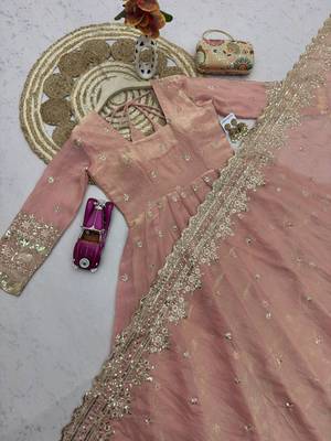 Pastel peach fendy silk embroidered sequince work anarkali kurta set 5