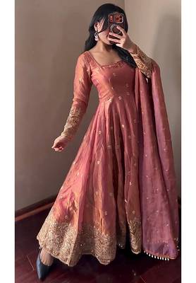 Peach fendy silk embroidered sequince work anarkali kurta set 1