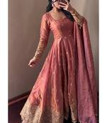Peach fendy silk embroidered sequince work anarkali kurta set