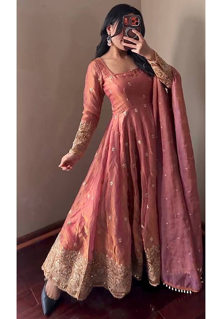Peach fendy silk embroidered sequince work anarkali kurta set