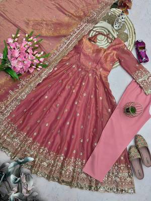 Peach fendy silk embroidered sequince work anarkali kurta set 2