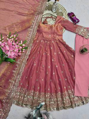 Peach fendy silk embroidered sequince work anarkali kurta set 3