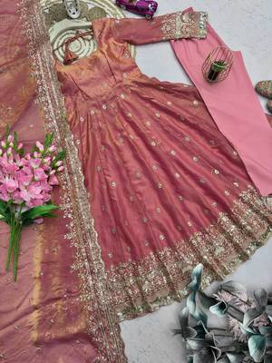 Peach fendy silk embroidered sequince work anarkali kurta set 4