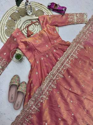 Peach fendy silk embroidered sequince work anarkali kurta set 5