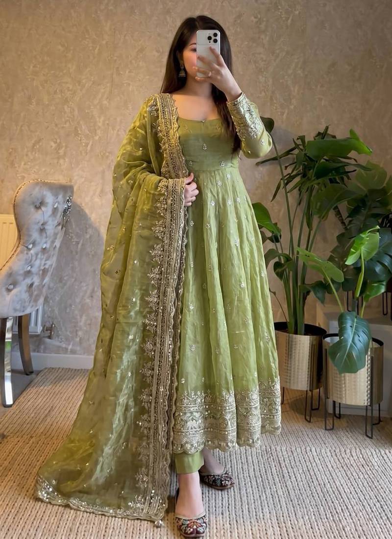 Pista fendy silk embroidered sequince work anarkali kurta set