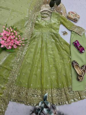 Pista fendy silk embroidered sequince work anarkali kurta set 3