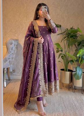 Plum fendy silk embroidered sequince work anarkali kurta set 1