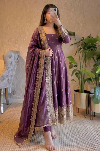 Plum fendy silk embroidered sequince work anarkali kurta set