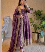 Plum fendy silk embroidered sequince work anarkali kurta set