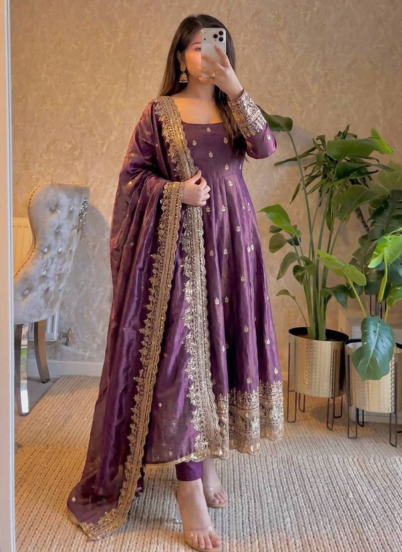 Plum fendy silk embroidered sequince work anarkali kurta set