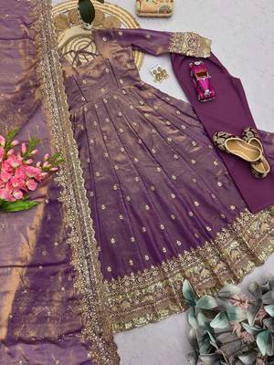Plum fendy silk embroidered sequince work anarkali kurta set 2