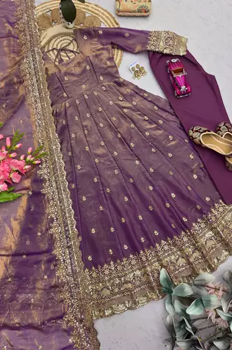 Plum fendy silk embroidered sequince work anarkali kurta set