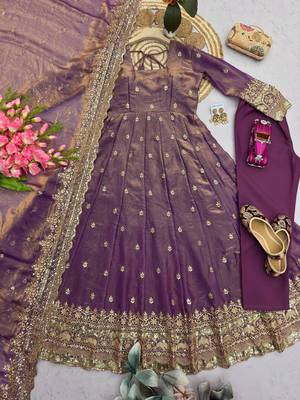 Plum fendy silk embroidered sequince work anarkali kurta set 3