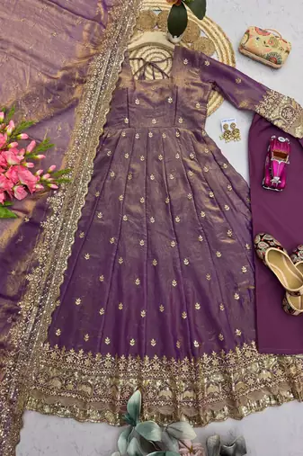 Plum fendy silk embroidered sequince work anarkali kurta set