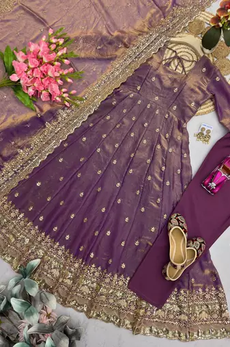 Plum fendy silk embroidered sequince work anarkali kurta set