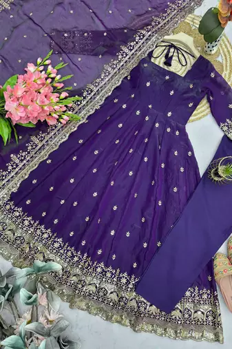 Purple fendy silk embroidered sequince work anarkali kurta set