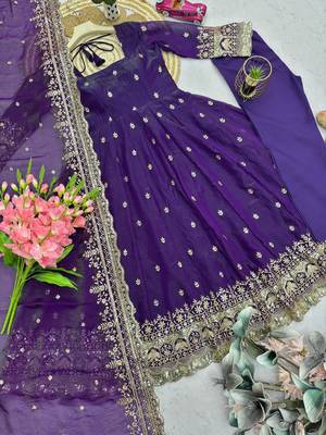 Purple fendy silk embroidered sequince work anarkali kurta set 3