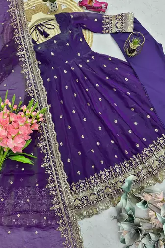 Purple fendy silk embroidered sequince work anarkali kurta set