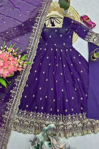 Purple fendy silk embroidered sequince work anarkali kurta set
