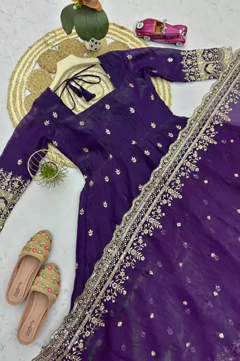 Purple fendy silk embroidered sequince work anarkali kurta set