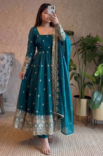 Rama fendy silk embroidered sequince work anarkali kurta set