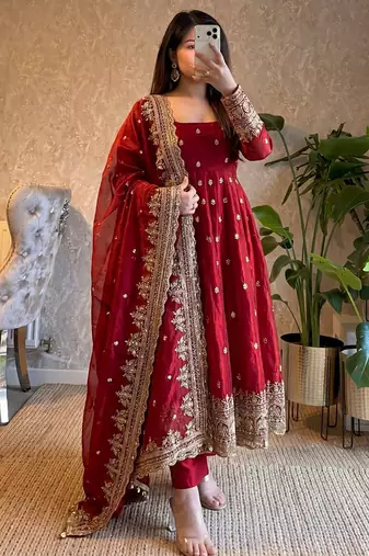 Red fendy silk embroidered sequince work anarkali kurta set
