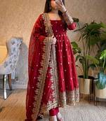 Red fendy silk embroidered sequince work anarkali kurta set