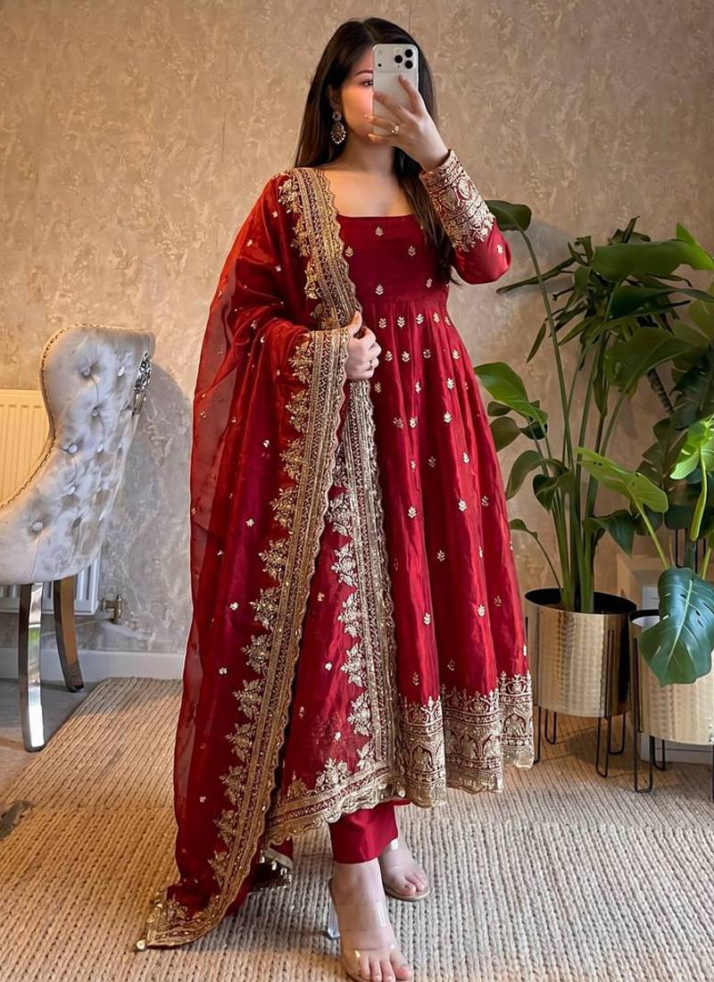 Red fendy silk embroidered sequince work anarkali kurta set